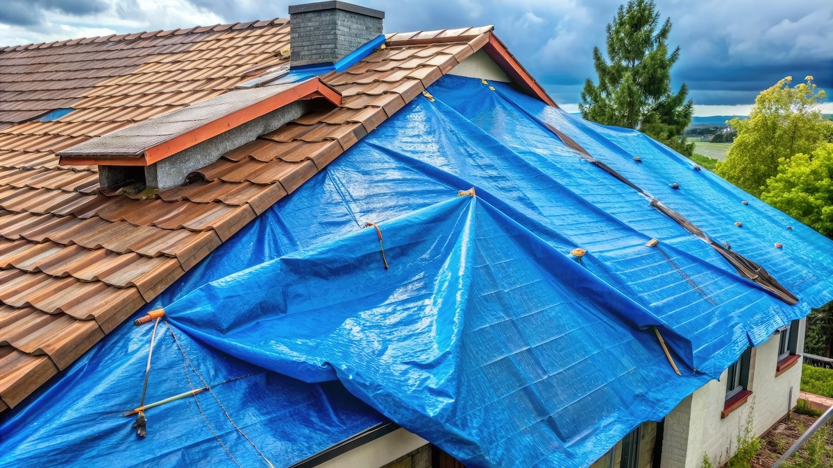 Tarp on a house roof following storm damage