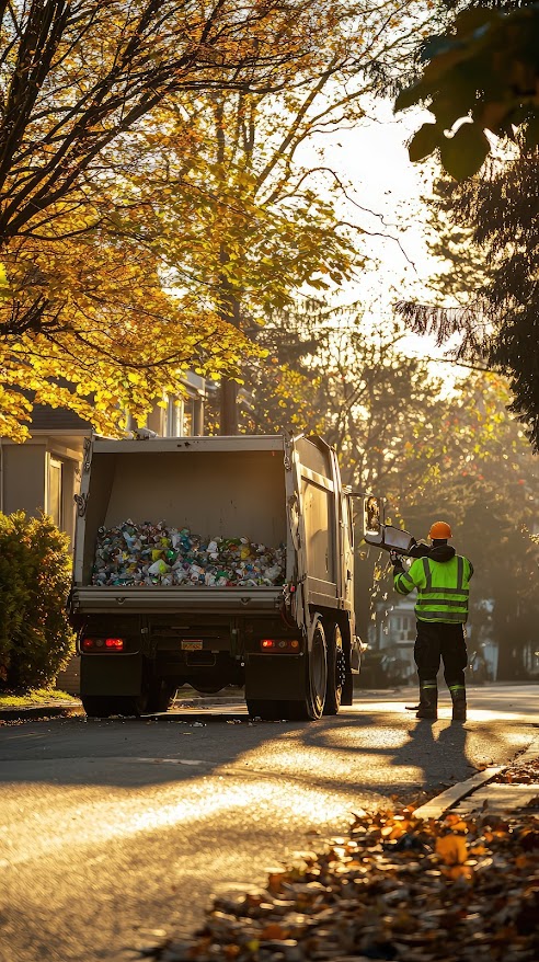 Modern garbage truck collecting recyclables in sunny neighborhood.