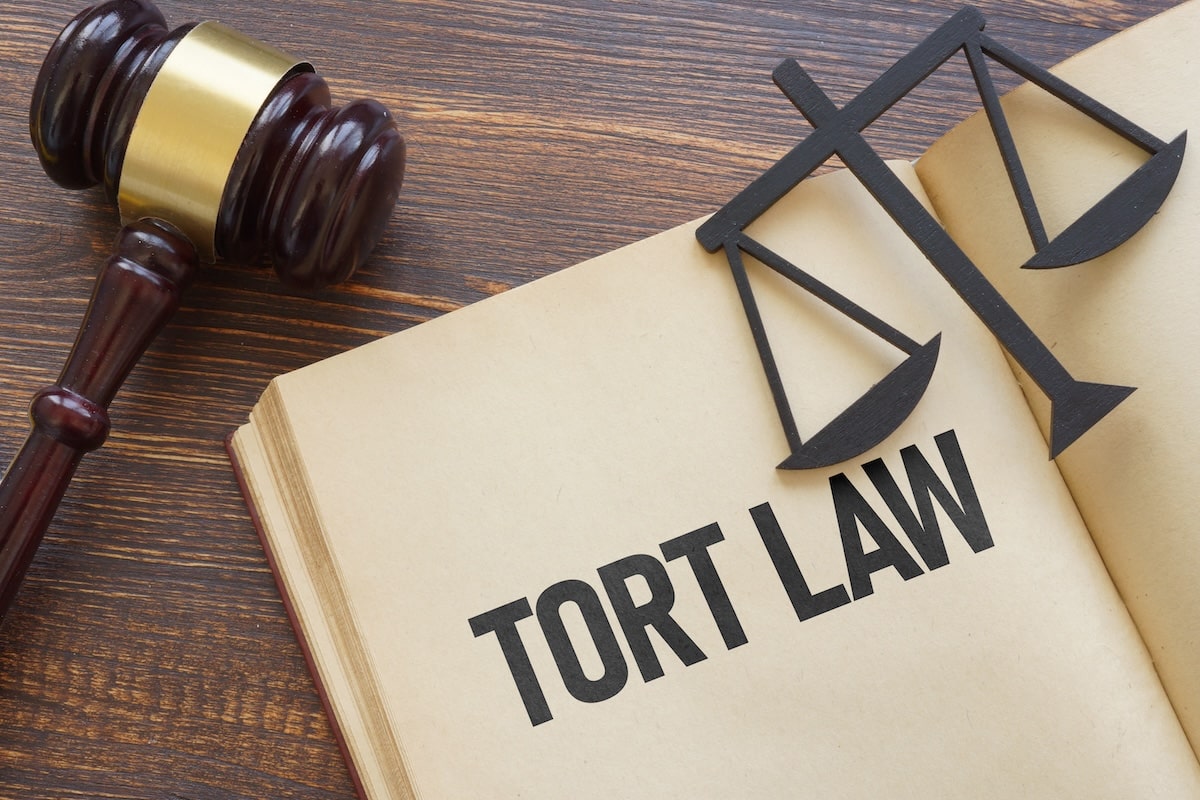 Picture of tort law in a legal book and courtroom elements